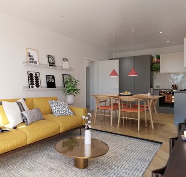 Living, dining and kitchen area at Red Clover Gardens